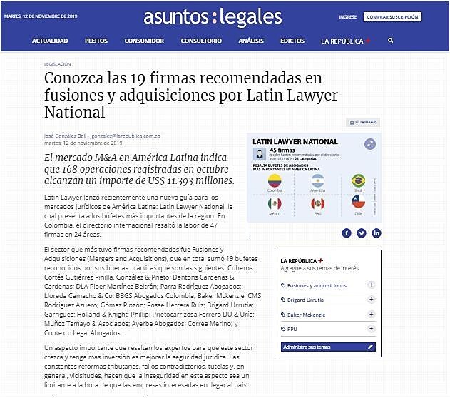 Conozca las 19 firmas recomendadas en fusiones y adquisiciones por Latin Lawyer National